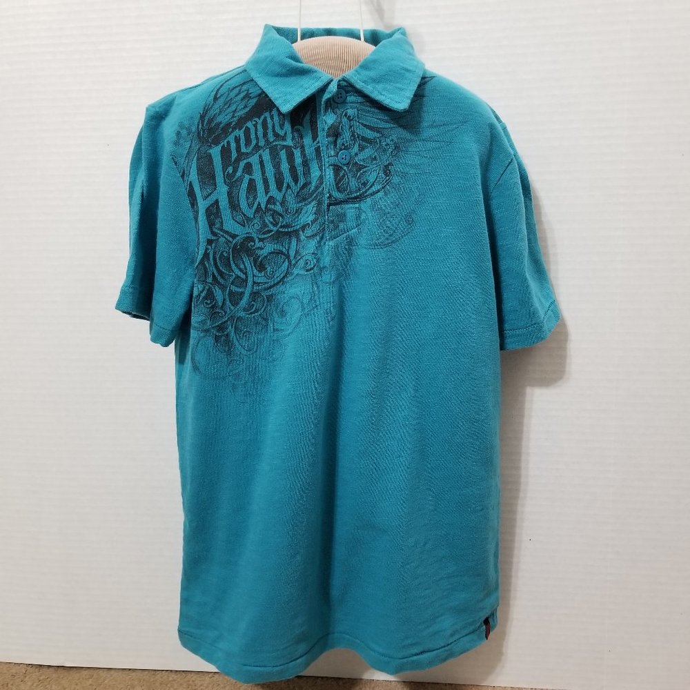Tony Hawk shirt Medium 10/12 polo tattoo grafiti graphic skater logo slub knit